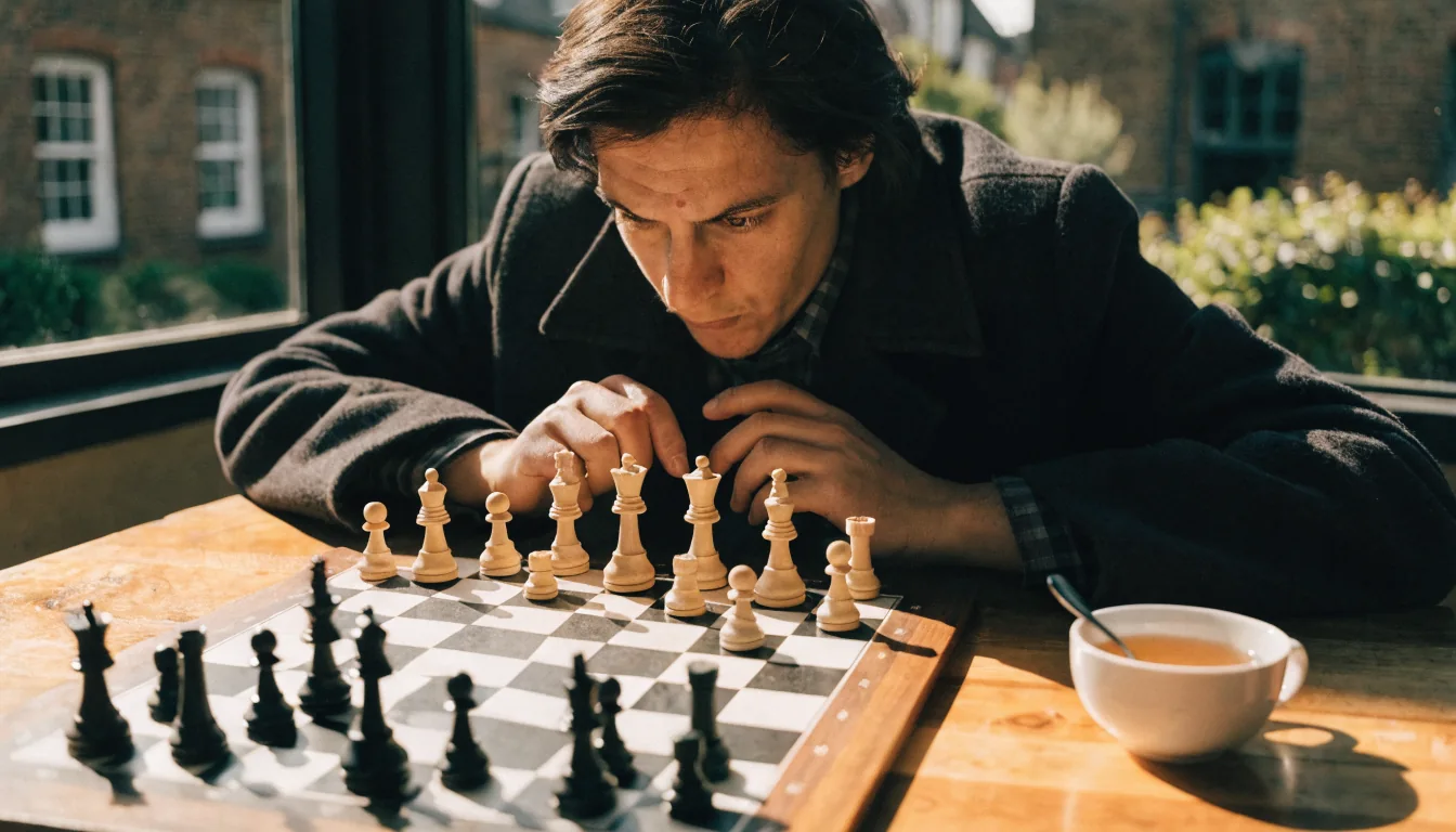 Person contemplating a chessboard on a wooden table